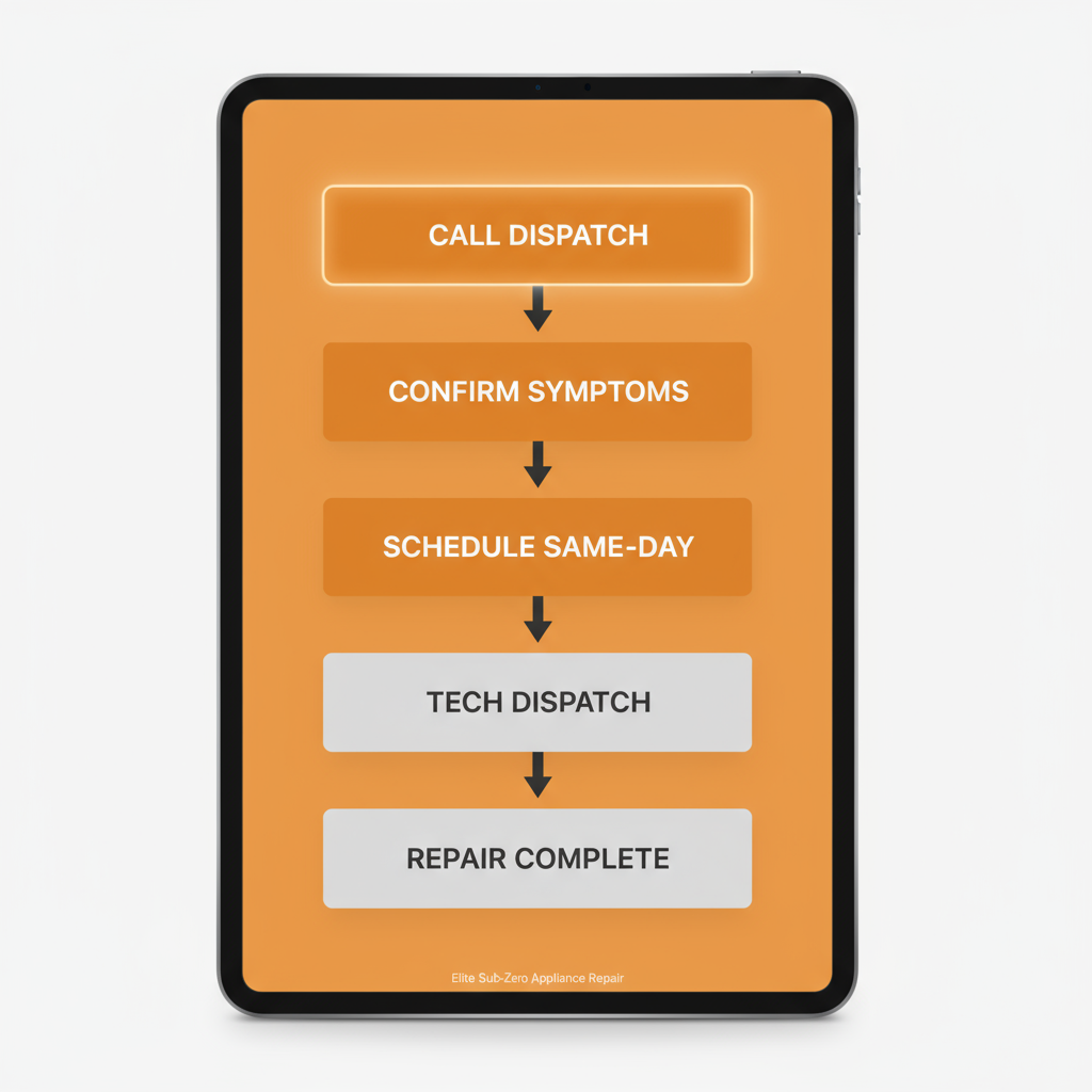 Vertical process flow illustrating the five-step booking and repair process for Elite Sub-Zero Appliance Repair, from initial call to completed service.