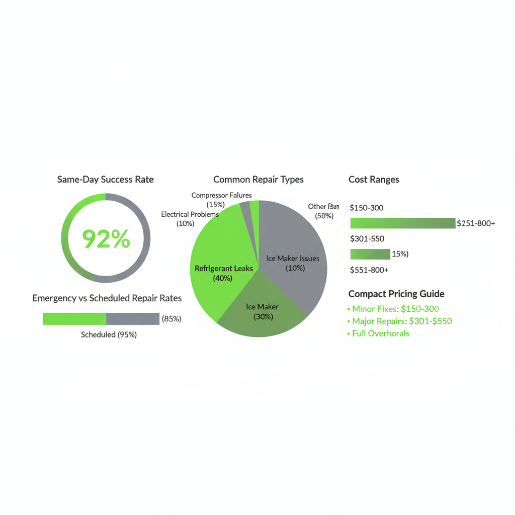 Data visualization showing Elite Sub-Zero Appliance Repair's same-day service success rates, common repair types, and cost ranges for appliance repair.