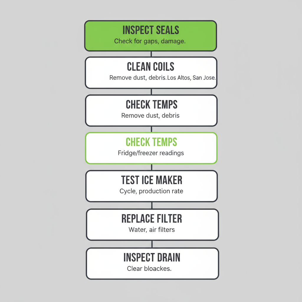 Vertical process flow illustrating a 6-step Sub-Zero appliance maintenance checklist with icons for homeowners.
