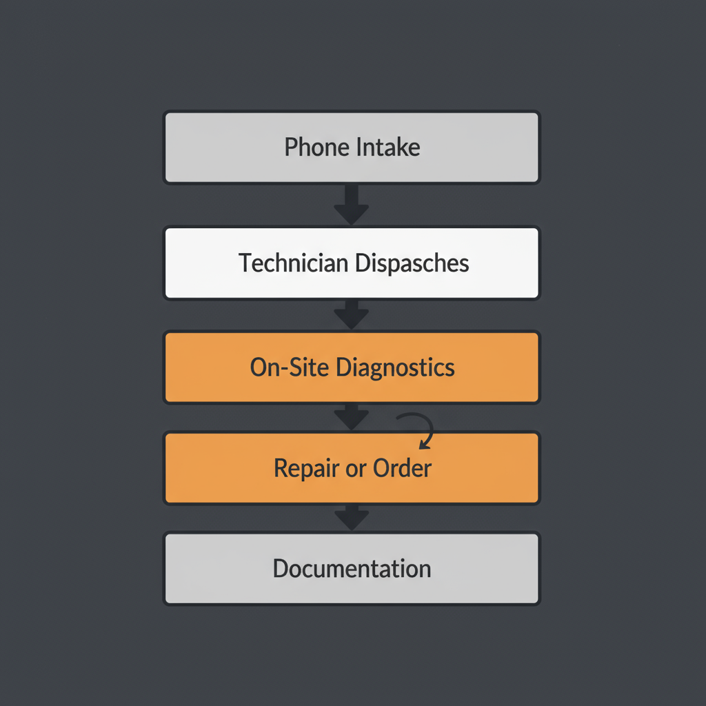 Vertical process flow illustrating the five key steps of an on-site Sub-Zero appliance diagnostic and repair service.