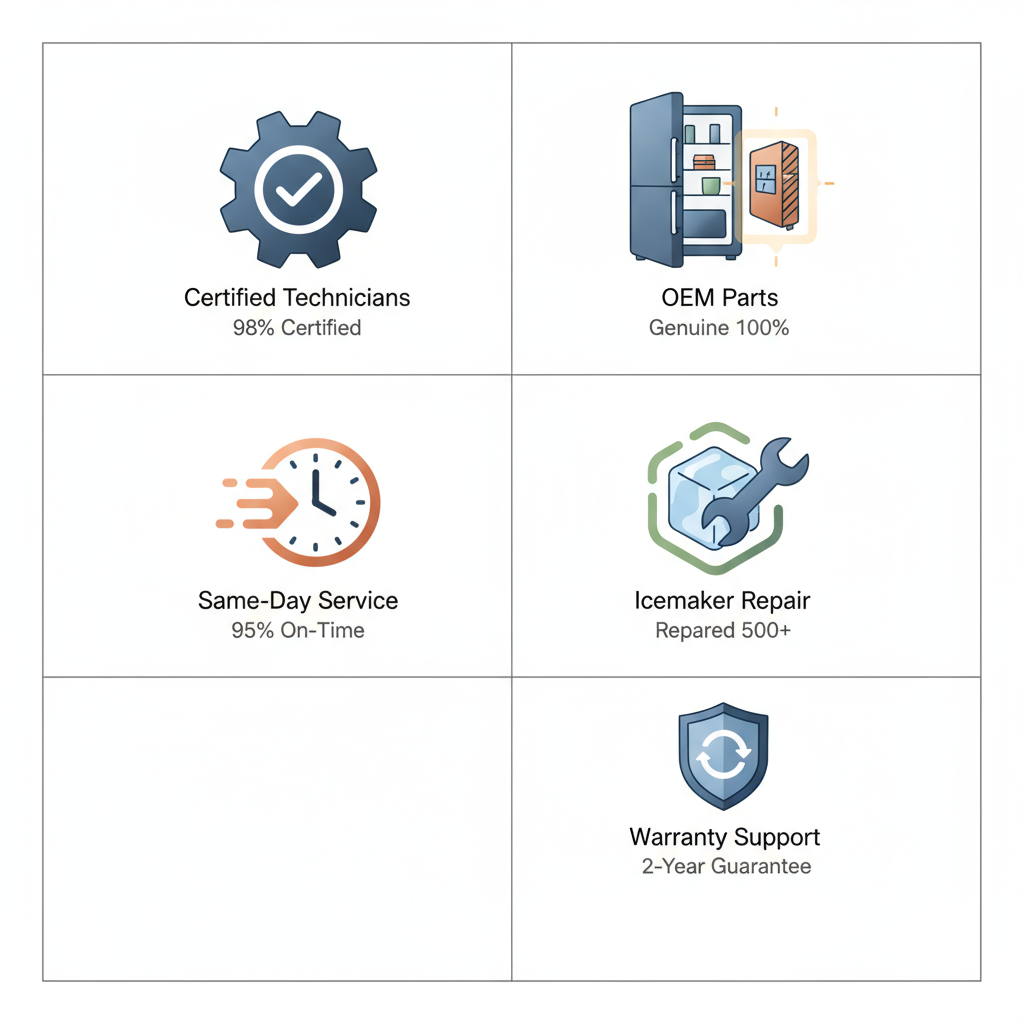 Icon set depicting key service attributes for appliance repair, including certified technicians, OEM parts, same-day service, icemaker repair, and warranty support, with accompanying captions and small statistics.