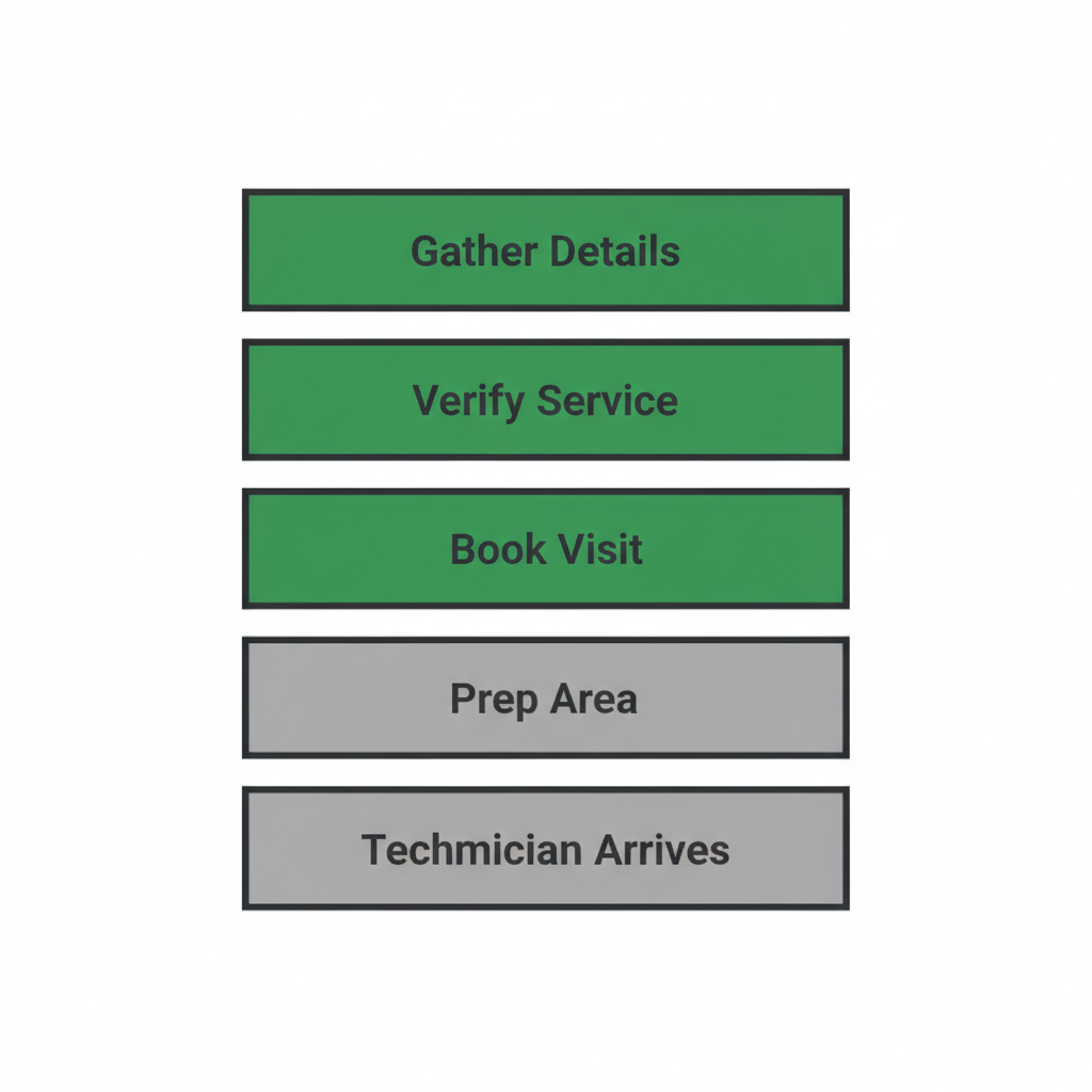 Vertical process flow illustrating the five steps for homeowners to schedule and prepare for Sub-Zero appliance maintenance with Elite Sub-Zero Appliance Repair.