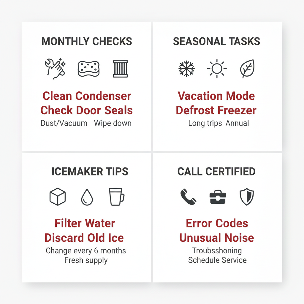 Homeowner maintenance checklist for Sub-Zero appliances, including monthly, seasonal, and icemaker care, and when to call a technician.