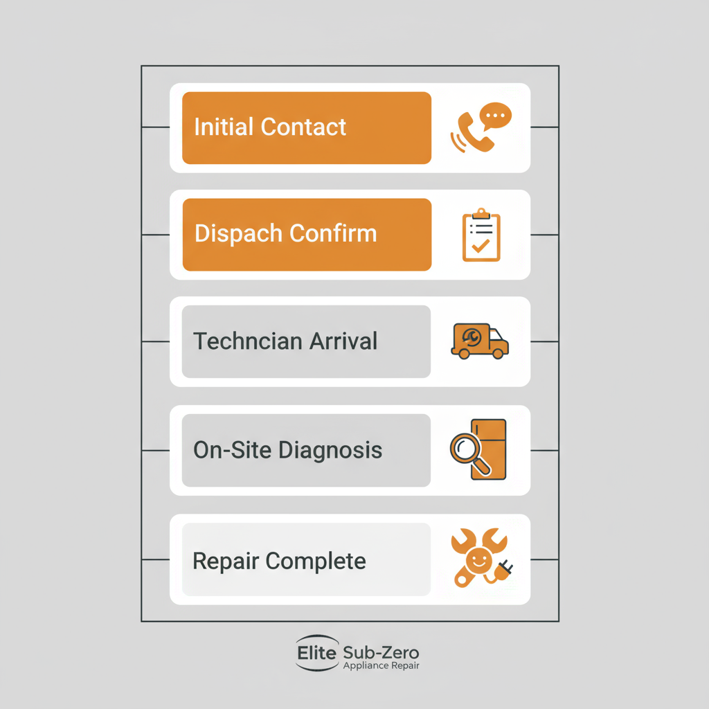 Vertical process flow illustrating the 5-step customer journey for Sub-Zero appliance repair service.