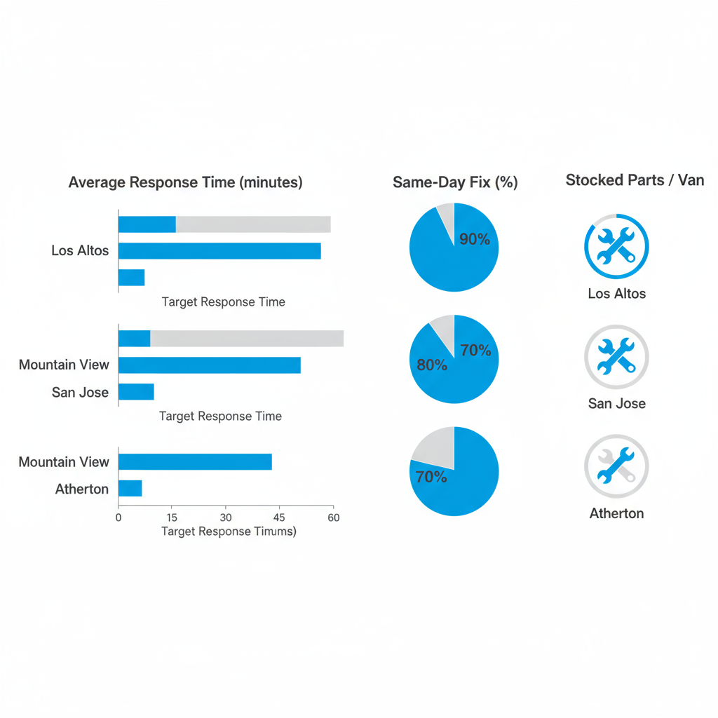 Data visualization depicting service coverage and response metrics for Los Altos, San Jose, Mountain View, and Atherton.