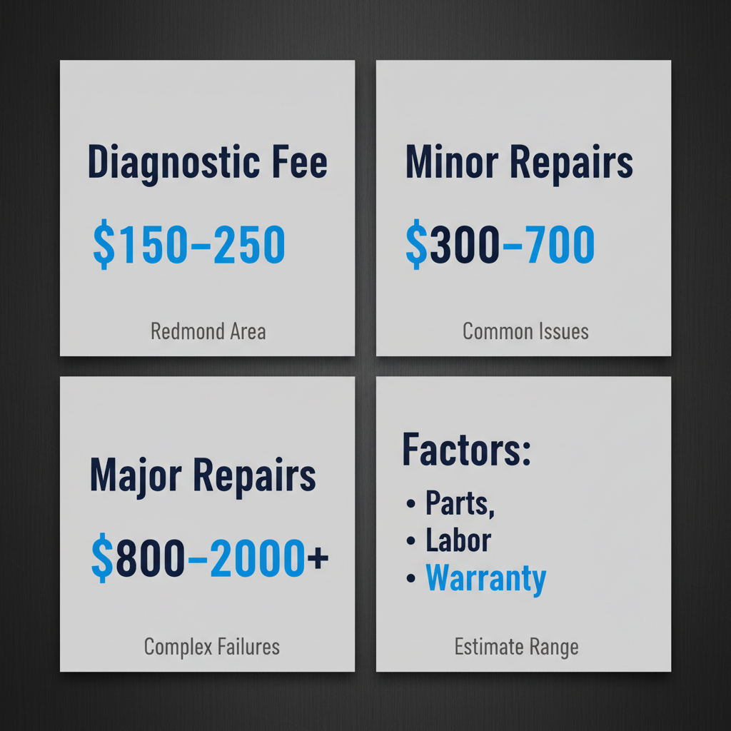 Data visualization showing diagnostic fee range, common repair price bands, and factors affecting Wolf range repair costs in Redmond.