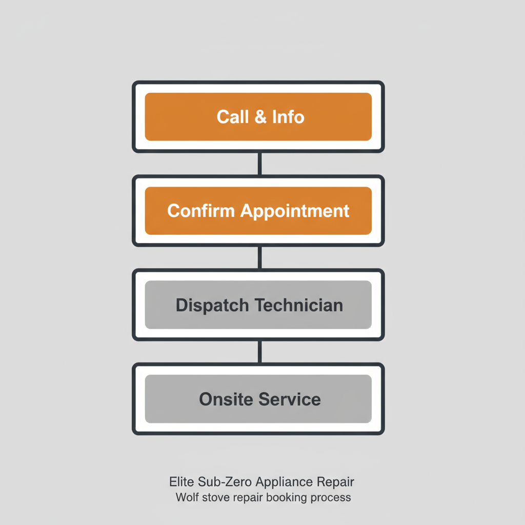 Vertical process flow illustrating the four steps for booking a Wolf appliance repair service, from initial call to onsite repair.
