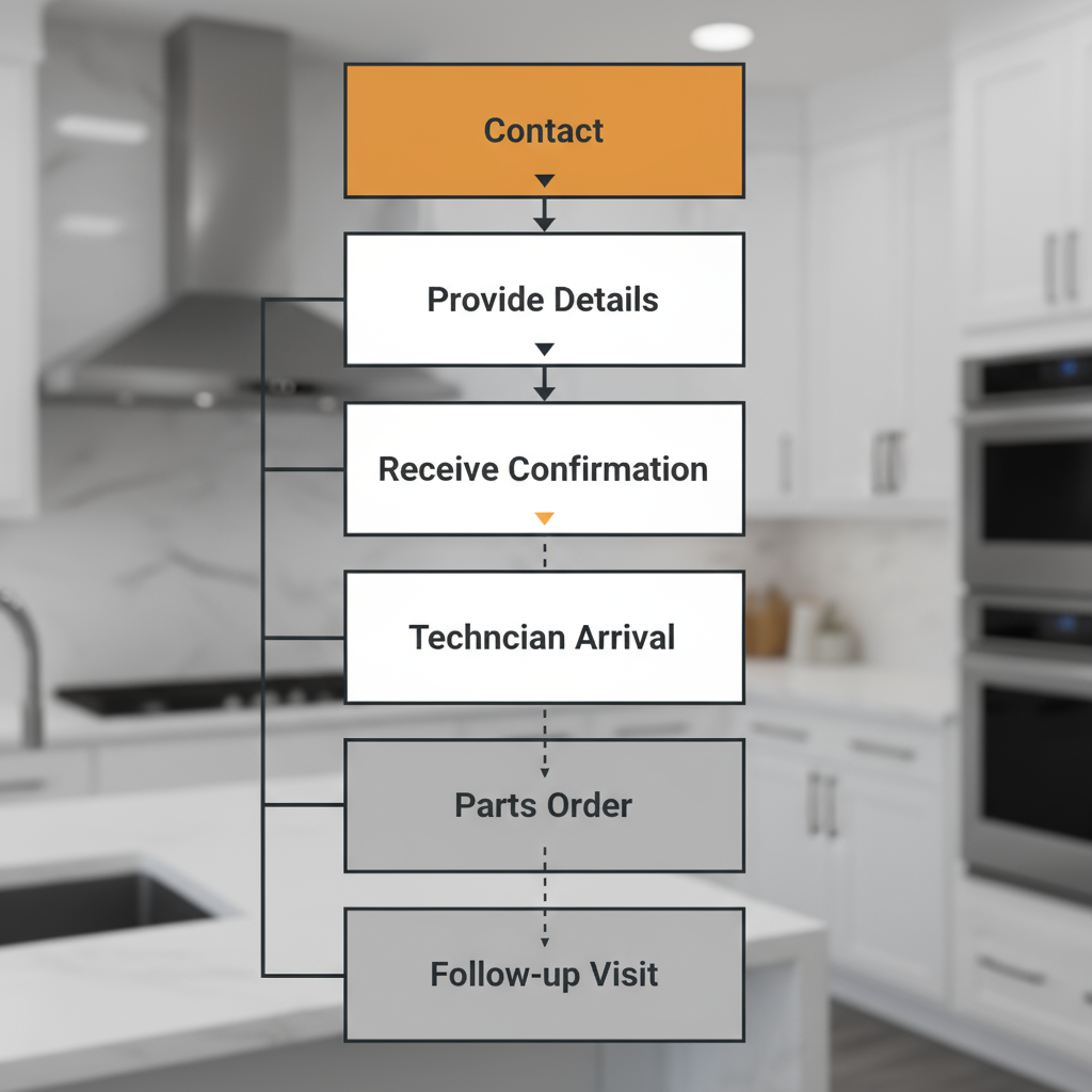 Vertical process flow showing 6 steps for booking an appliance repair service with Elite Sub-Zero Appliance Repair, from initial contact to follow-up visit.