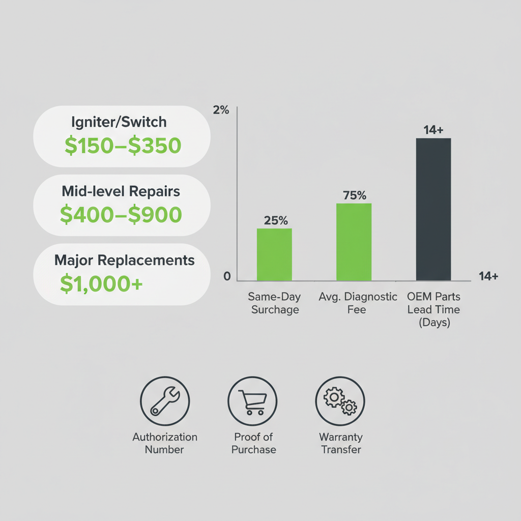 Data visualization showing cost ranges for appliance repairs in Bellevue, including igniter/switch, mid-level, and major replacements, along with percentages for surcharges, diagnostic fees, and parts lead times, and icons for warranty check items.