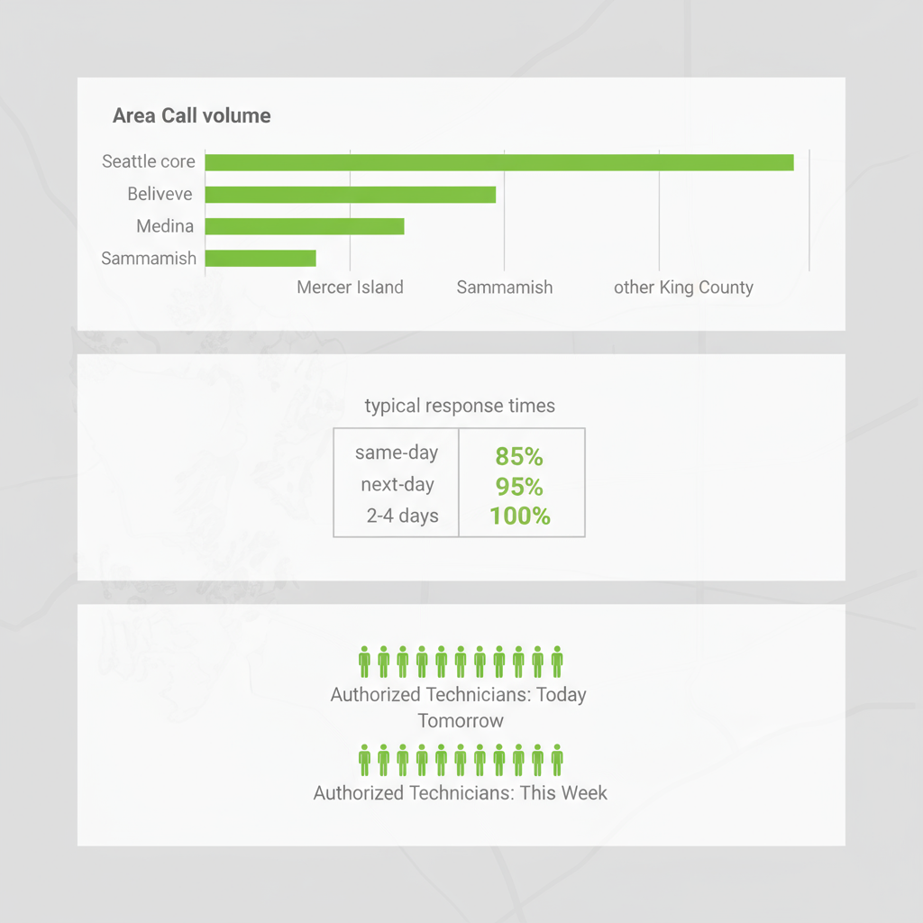 Data visualization depicting Elite Sub-Zero Appliance Repair's service area coverage across Seattle and Puget Sound, including call volume and response times.