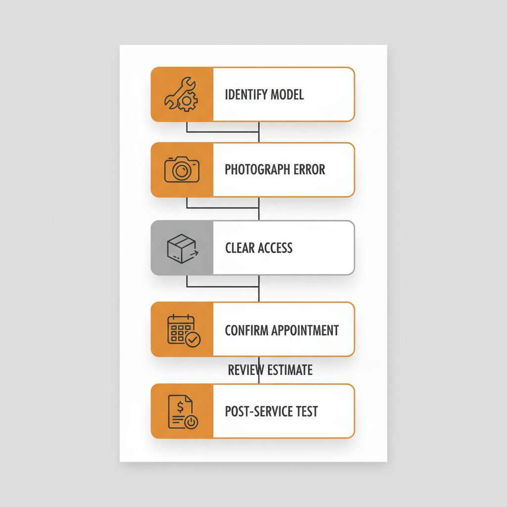 A 6-step vertical process flow showing a homeowner checklist for preparing for an appliance repair service visit.