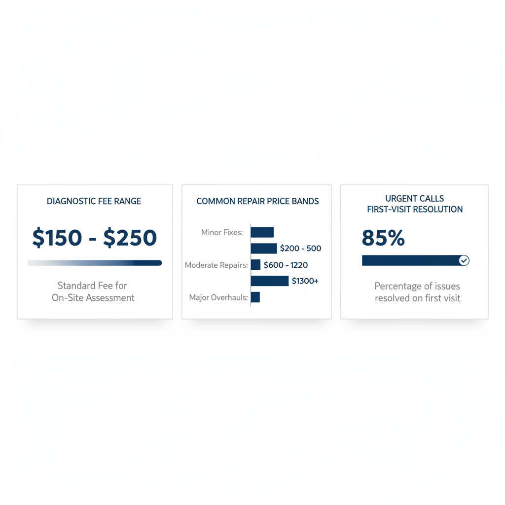 Data visualization depicting appliance repair costs and service response times for Elite Sub-Zero Appliance Repair, including diagnostic fees, common repair price ranges, and first-visit resolution rates for urgent calls.