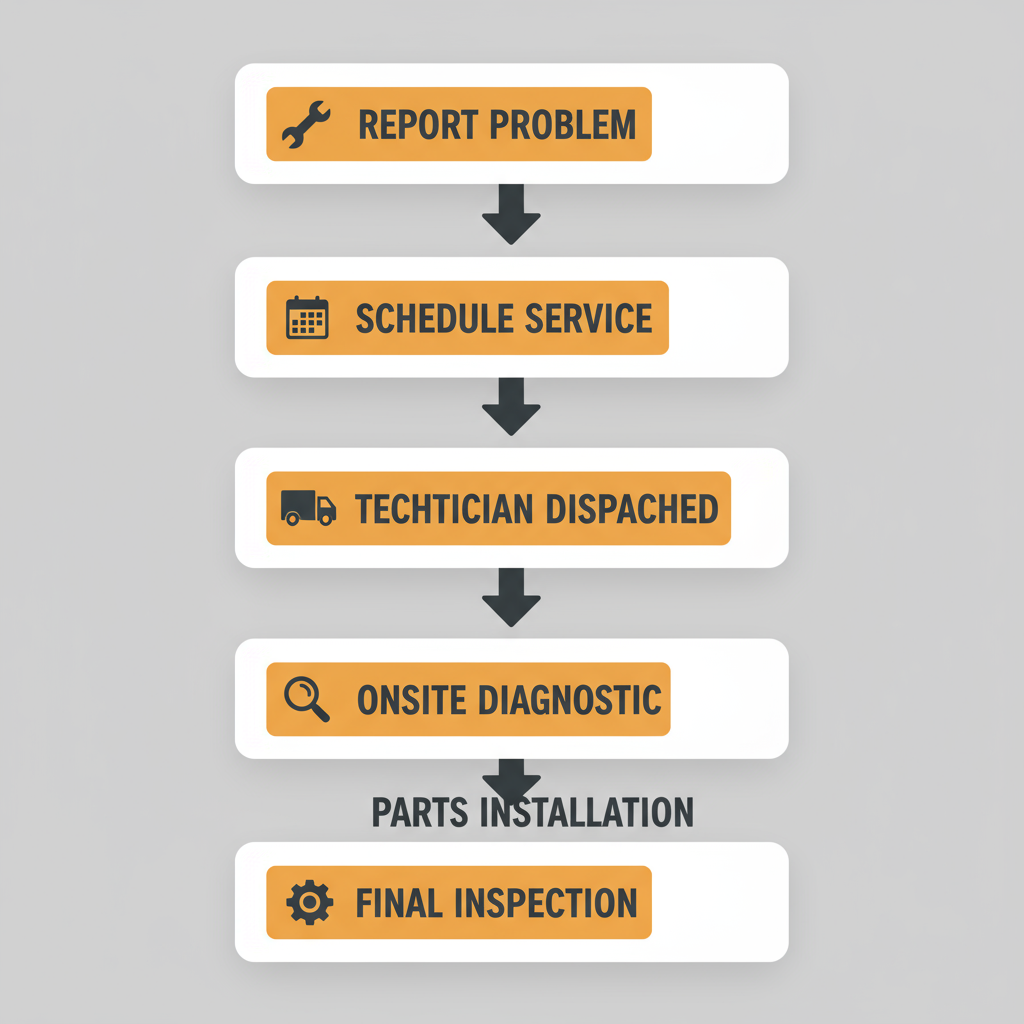 Vertical process flow illustrating the six steps of the Sub-Zero appliance repair customer service journey, from reporting a problem to final inspection.