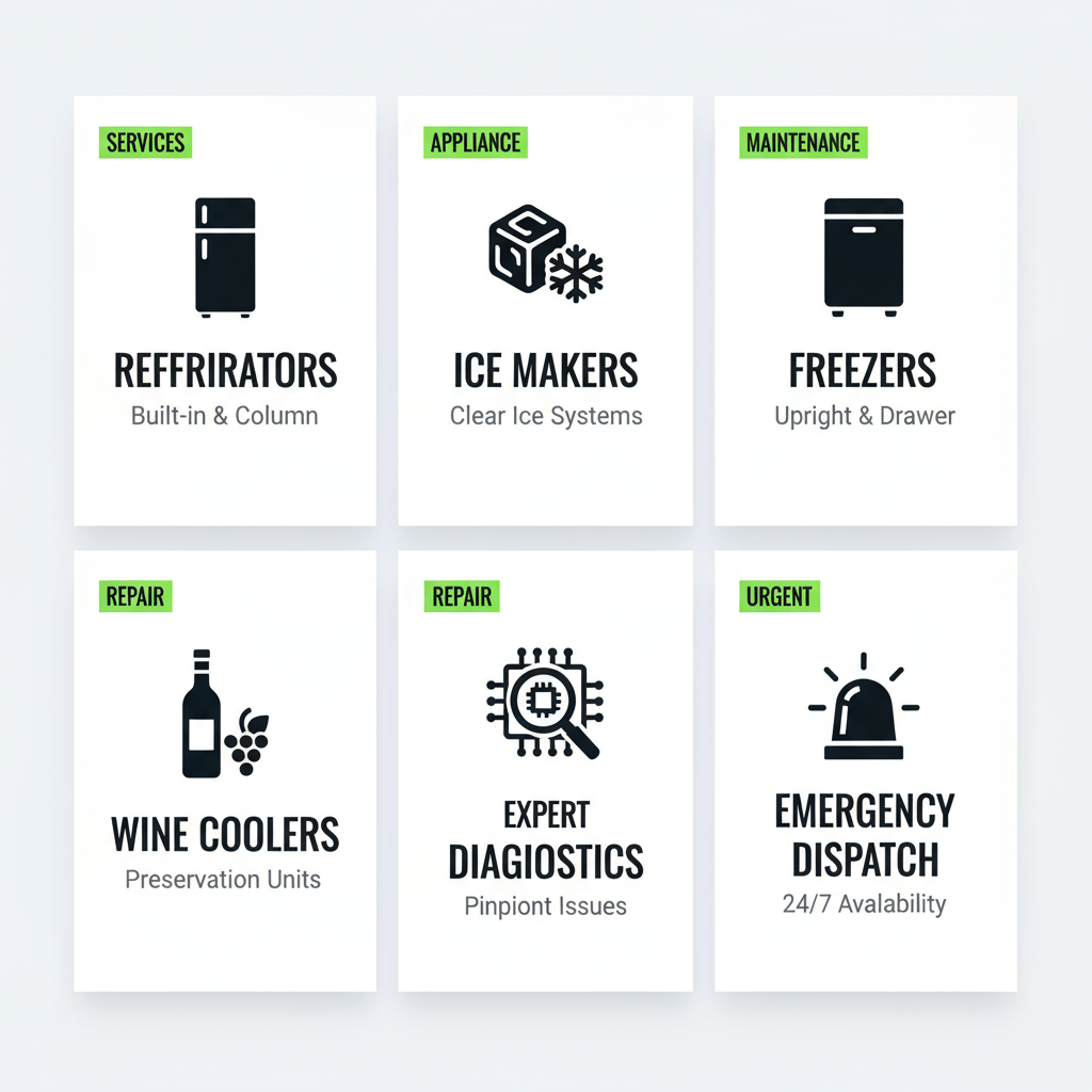 Infographic showing common Sub Zero appliance services, typical costs, and turnaround times, with icons for different appliance types, and cost bands for minor repairs, mid-level parts replacements, and sealed system work.