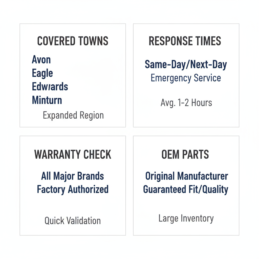 Infographic detailing Elite Sub-Zero Appliance Repair's service area in Avon and Eagle County, including covered towns, response times, warranty checks, and OEM parts usage.