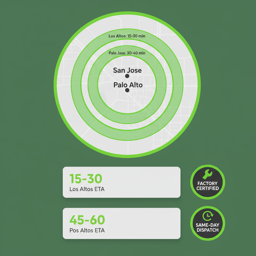 Infographic showing service coverage areas for Los Altos, Palo Alto, and San Jose with estimated arrival times and certifications.