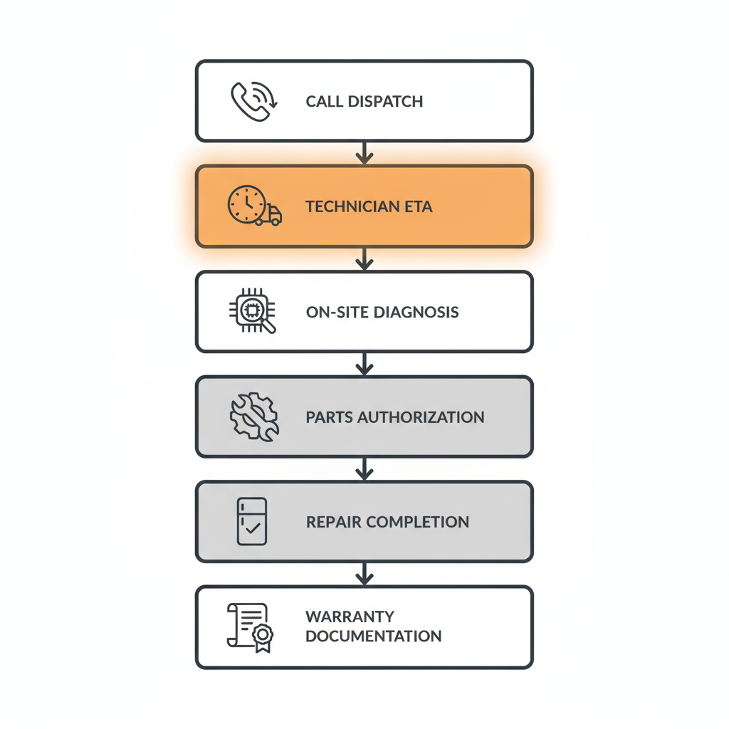 Step-by-step process flow illustrating the in-home appliance repair journey from initial call to warranty documentation.