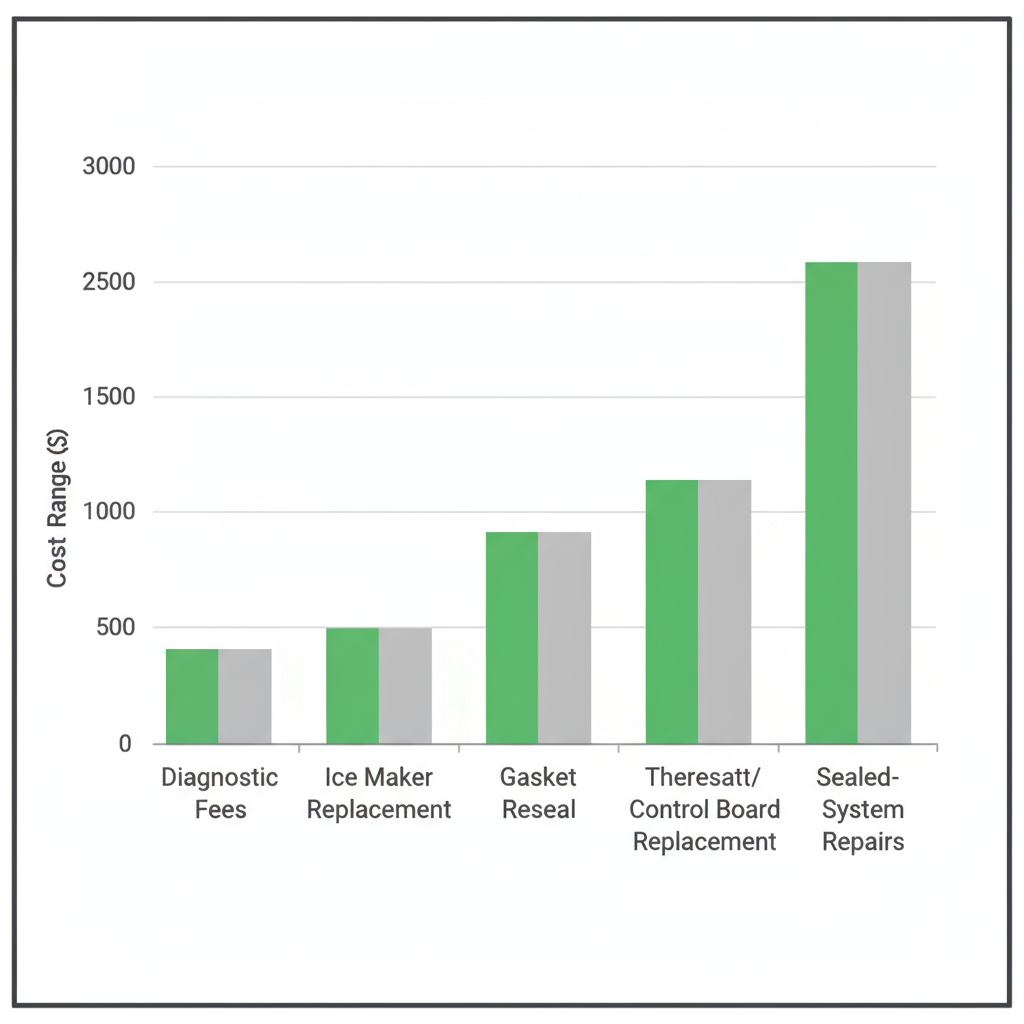 Bar chart showing typical cost ranges for Sub-Zero appliance repairs including diagnostic fees, ice maker, gasket, control board, and sealed-system repairs in Los Altos and San Jose.