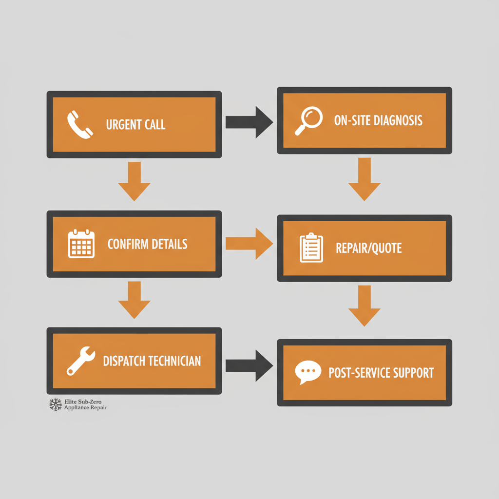 Vertical process flow illustrating the six steps to schedule and complete an appliance repair with Elite Sub-Zero Appliance Repair
