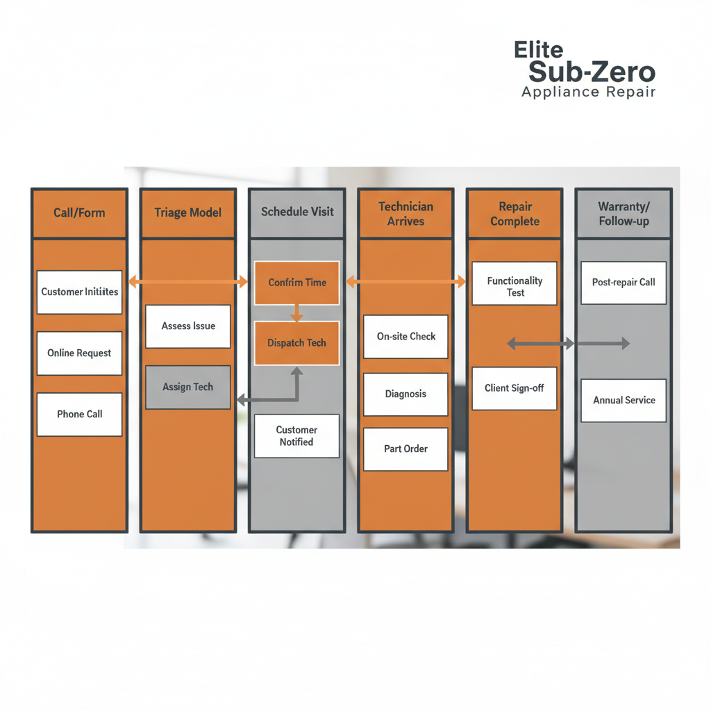 A vertical process flow diagram illustrating the six steps for scheduling and completing an appliance repair service with Elite Sub-Zero Appliance Repair, from initial contact to warranty follow-up.