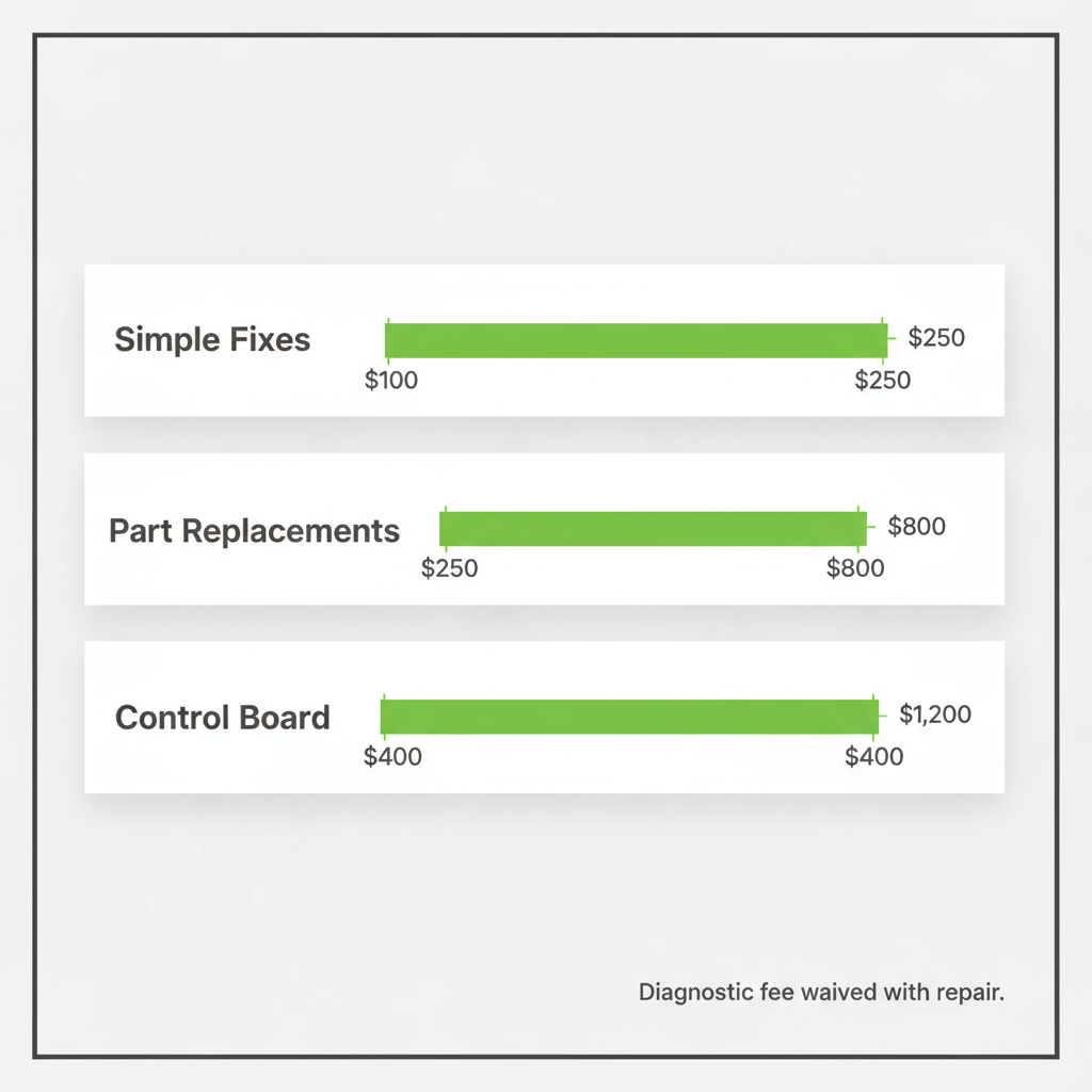 Datavisualization of typical repair cost ranges for Wolf appliance services, showing categories like simple fixes, part replacements, and control board repairs with their respective price ranges.