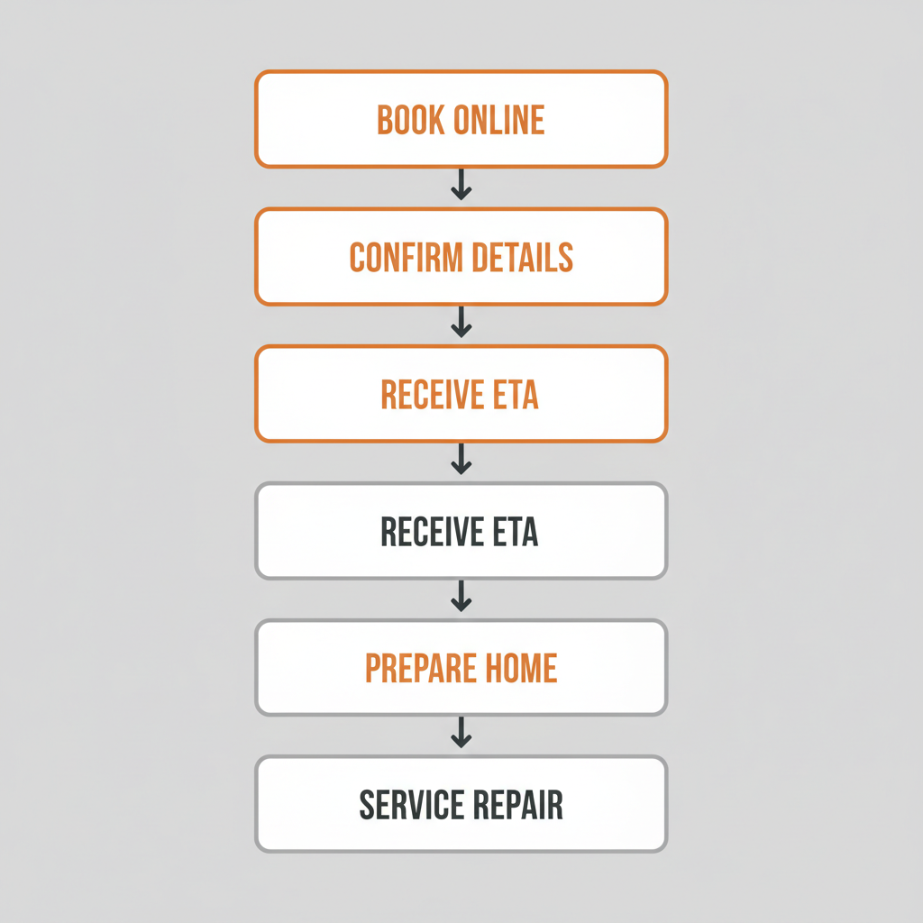 A five-step vertical process flow illustrating the booking and in-home appliance repair process for Elite Sub-Zero Appliance Repair, including online booking, detail confirmation, ETA, home preparation, and service repair.