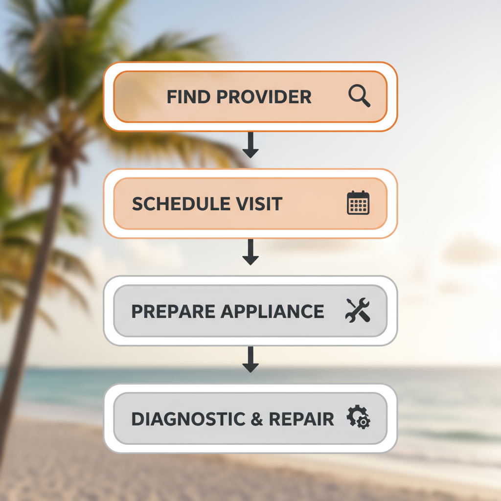 A four-step vertical process flow illustrating the booking and onsite diagnostic process for Sub Zero appliance repair services in Miami Beach including finding a provider, scheduling a visit, preparing the appliance, and the diagnostic and repair phase.