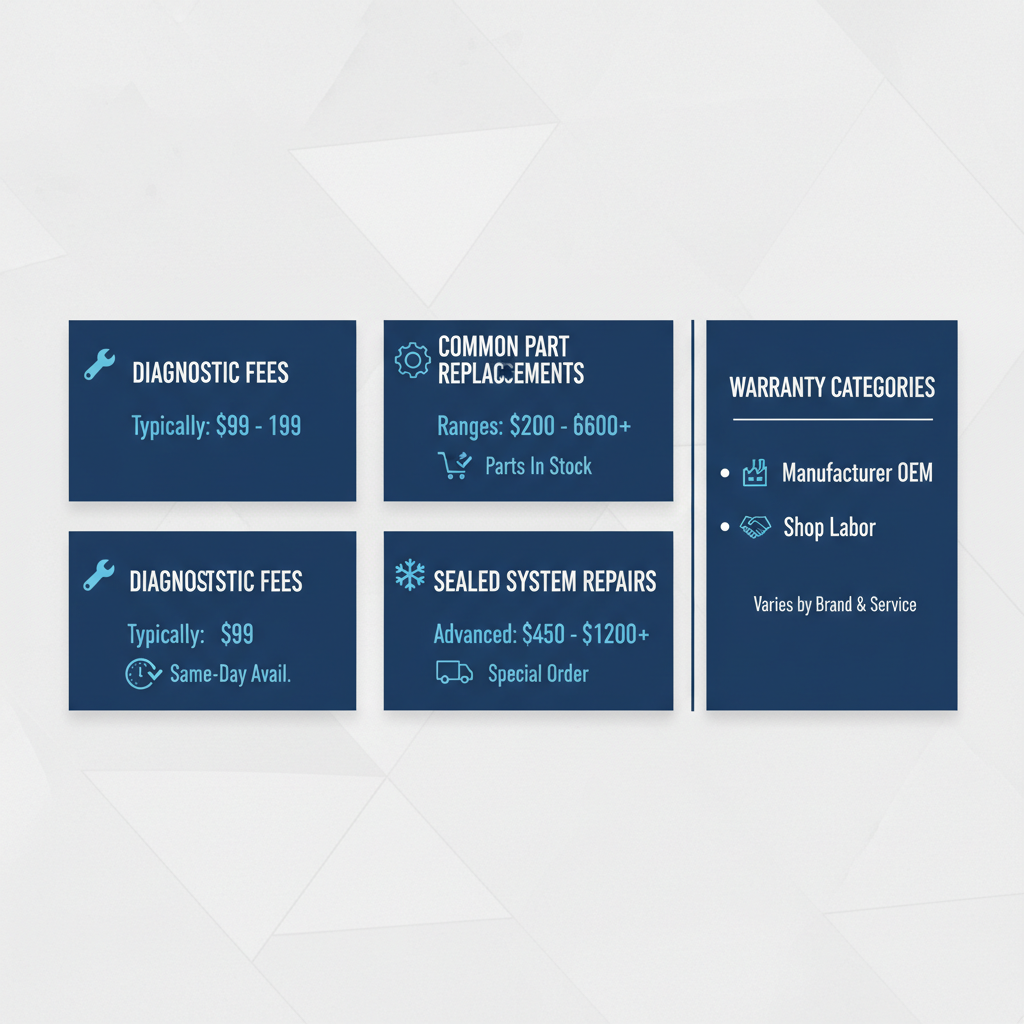 Data visualization showing typical repair cost ranges and warranty information for appliance services in Miami Beach.