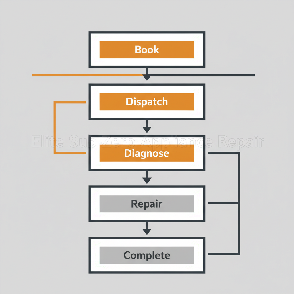 Step-by-step vertical process flow showing how Elite Sub-Zero Appliance Repair handles service appointments from booking to completion for Sub Zero and Wolf appliances.