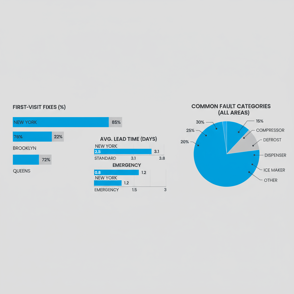Data visualization showing Sub-Zero repair response times and common issue types in New York, Brooklyn and Queens