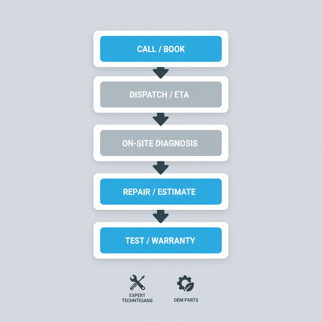 Vertical process flow illustrating the five steps of Elite Sub-Zero Appliance Repair's on-site service journey, from initial contact to post-repair warranty.