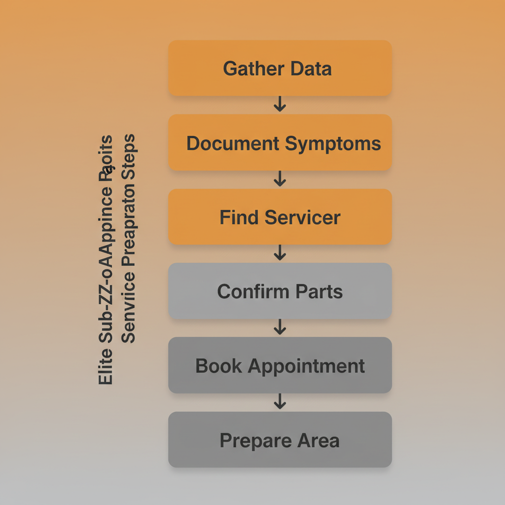 A vertical process flow detailing 6 steps for homeowners to prepare for appliance repair service, including gathering model data, documenting symptoms, and booking an appointment.