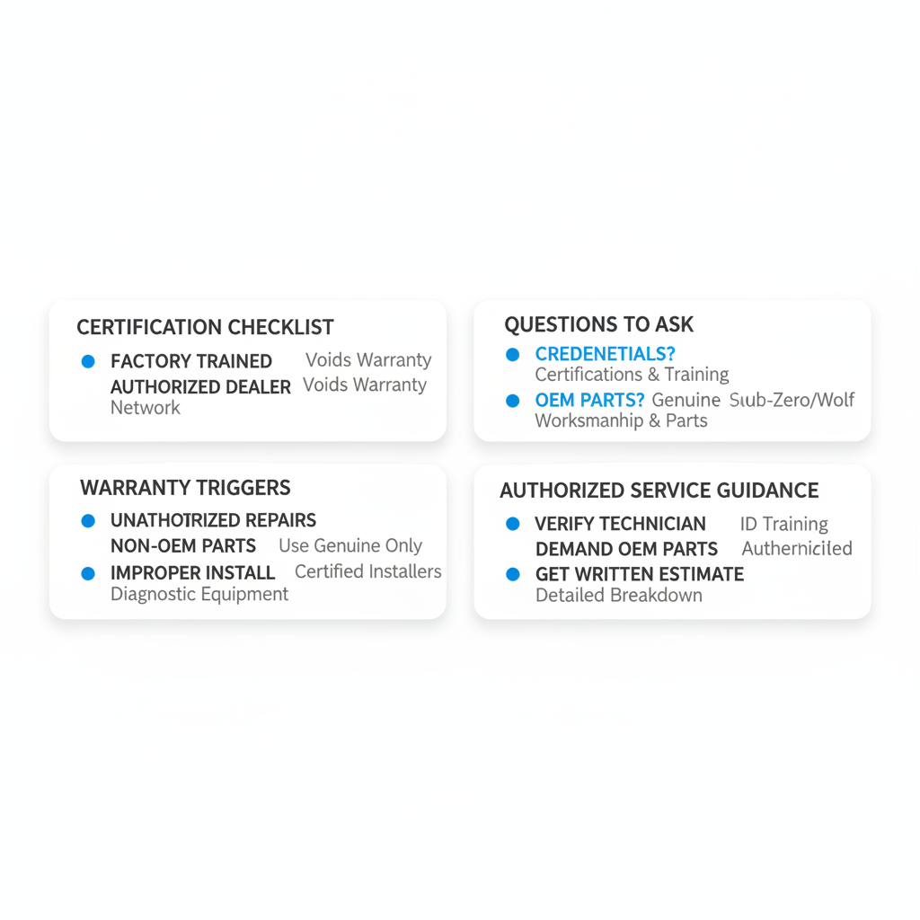 Infographic showing a checklist and decision points for verifying certified Wolf appliance technicians