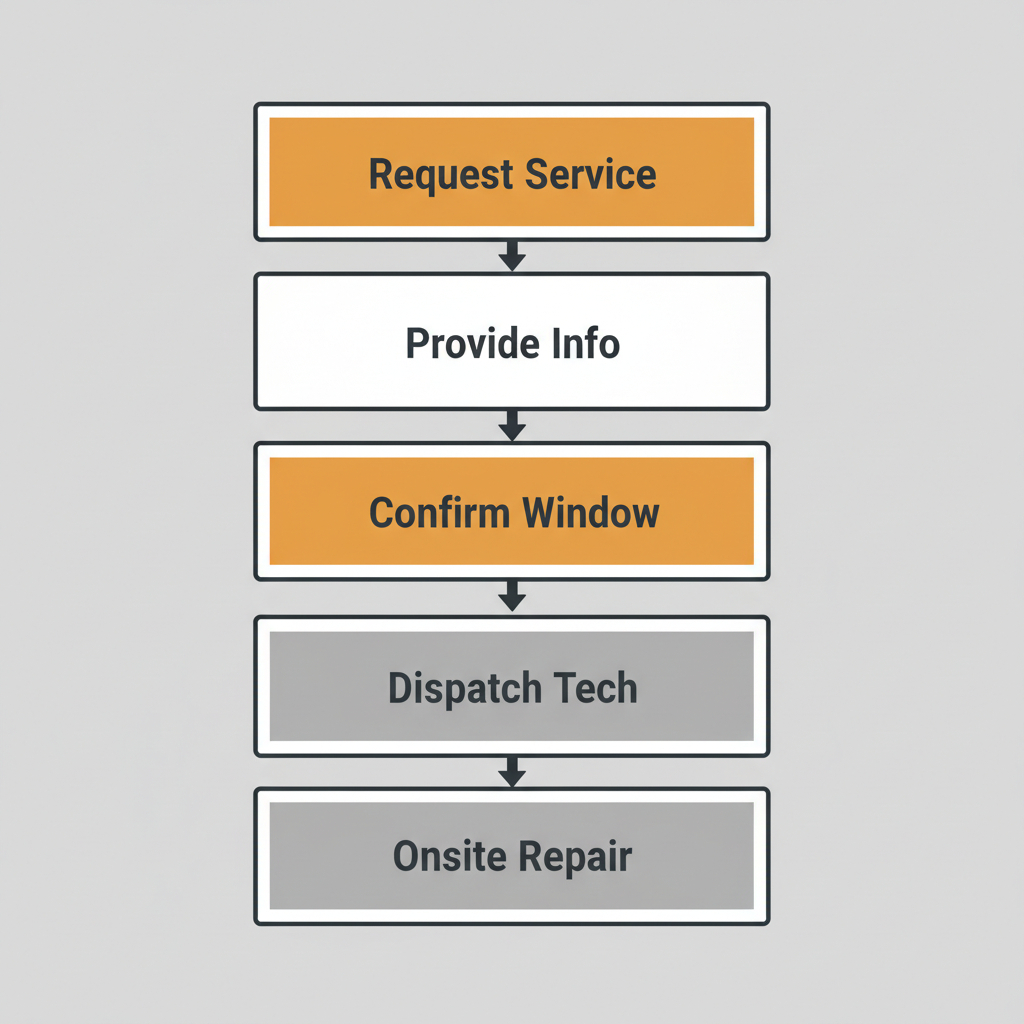 Vertical process flow showing 5 steps to request appliance repair service with Elite Sub-Zero Appliance Repair, from initial request to onsite repair.