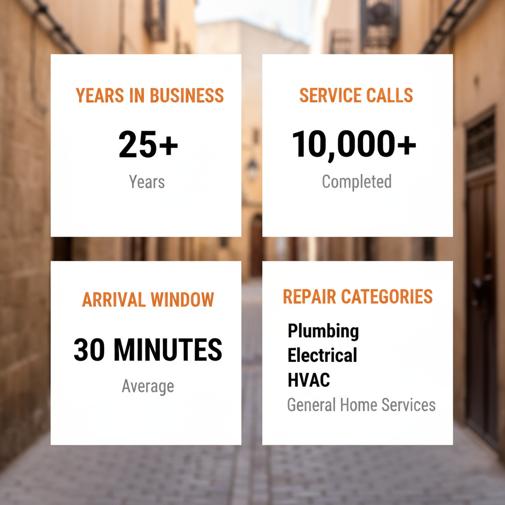 Infographic showing local service data for Medina, highlighting years in business, service calls, arrival window, and repair categories.