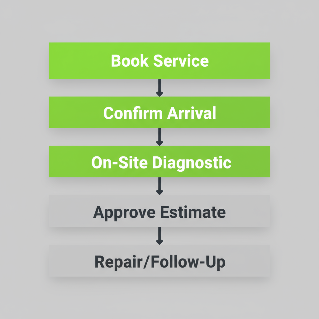 Five-step vertical process flow showing how Elite Sub-Zero Appliance Repair handles scheduling and repair services, from booking to completion.