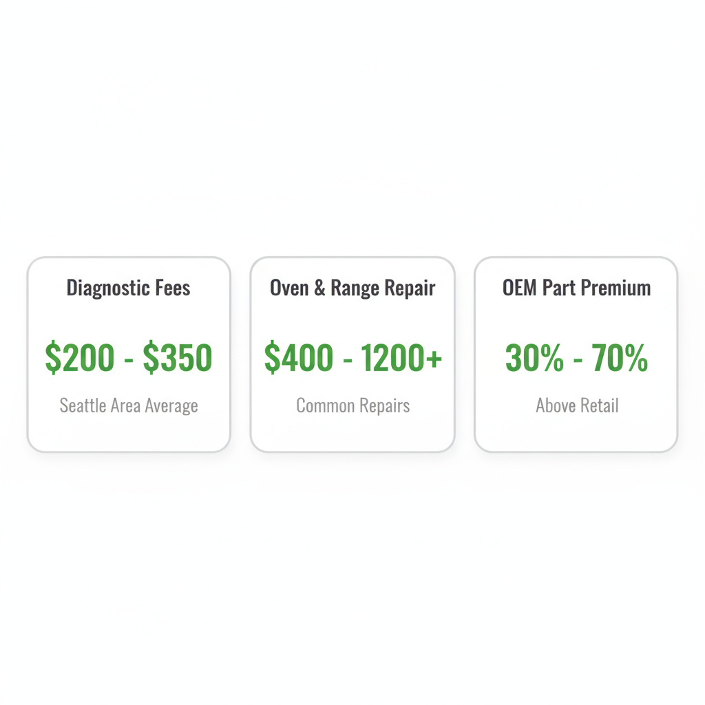 Square data visualization showing estimated costs for Wolf appliance repair in Seattle, including diagnostic fees, common repair costs for ovens and ranges, and premium for OEM parts.