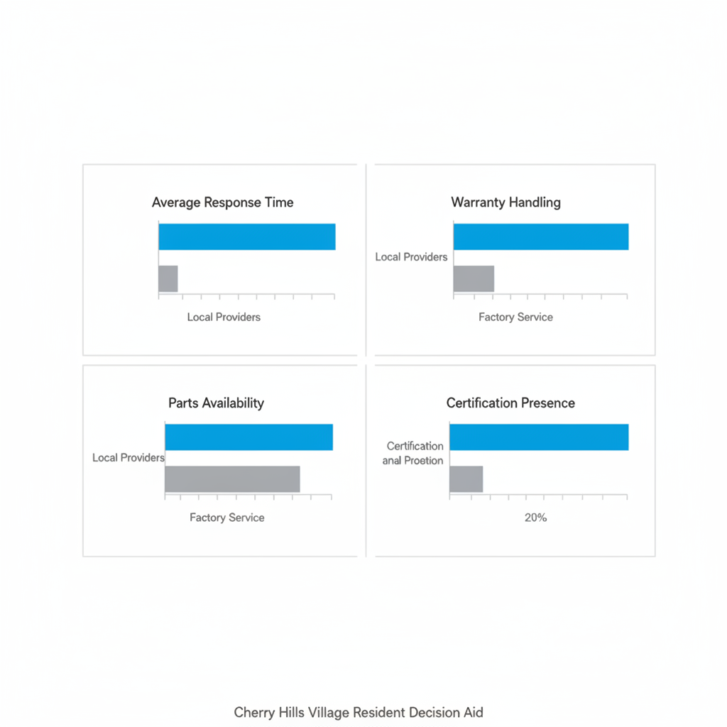 Infographic comparing four service features between local appliance repair providers and factory service, assisting Cherry Hills Village residents in decision-making.