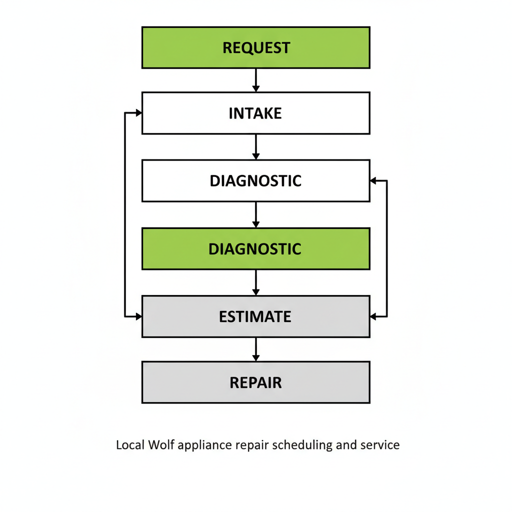 Vertical process flow illustrating the six steps of scheduling and receiving Wolf appliance repair service.