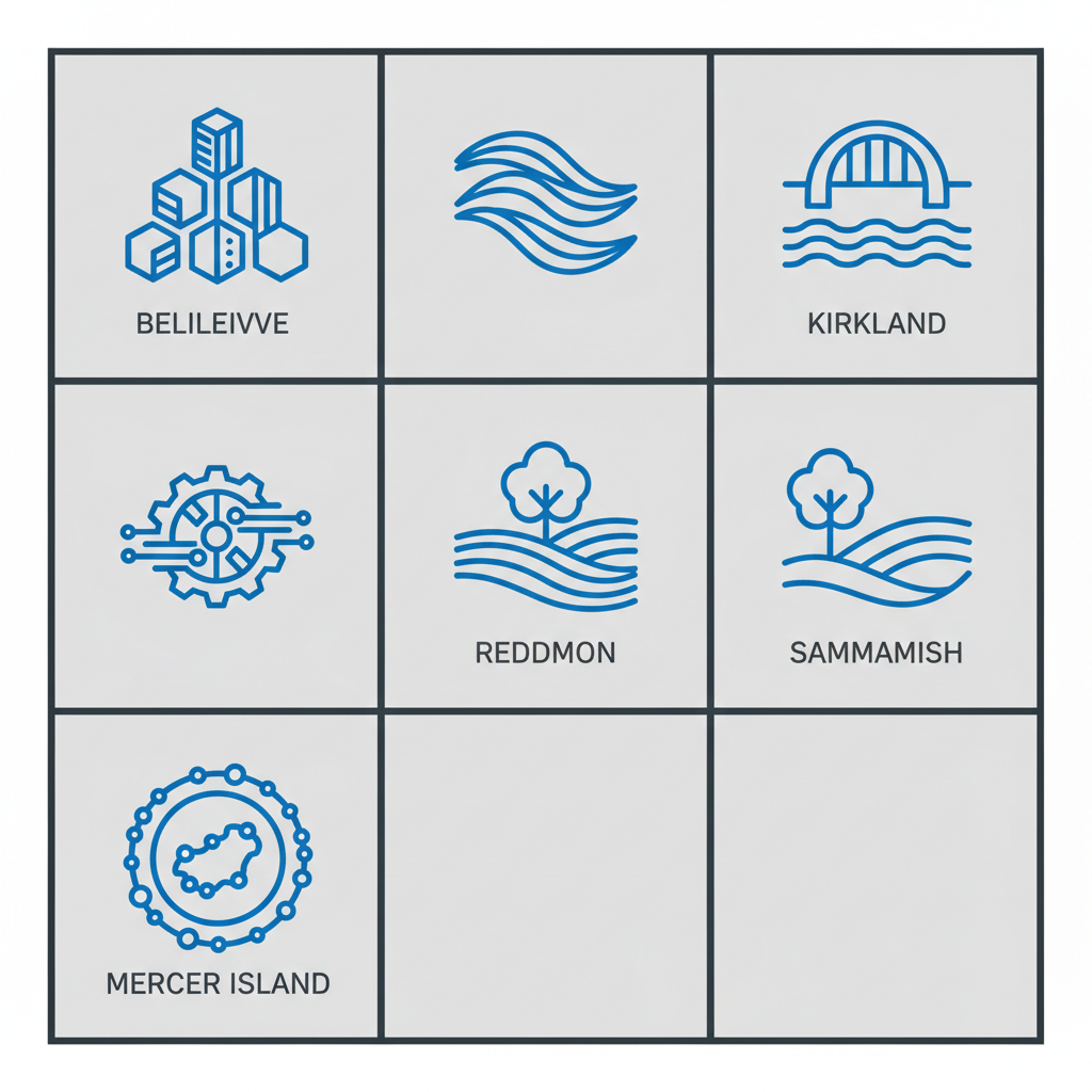 Set of five modern icons representing different neighborhoods: Bellevue, Kirkland, Redmond, Sammamish, Mercer Island, arranged in a grid.
