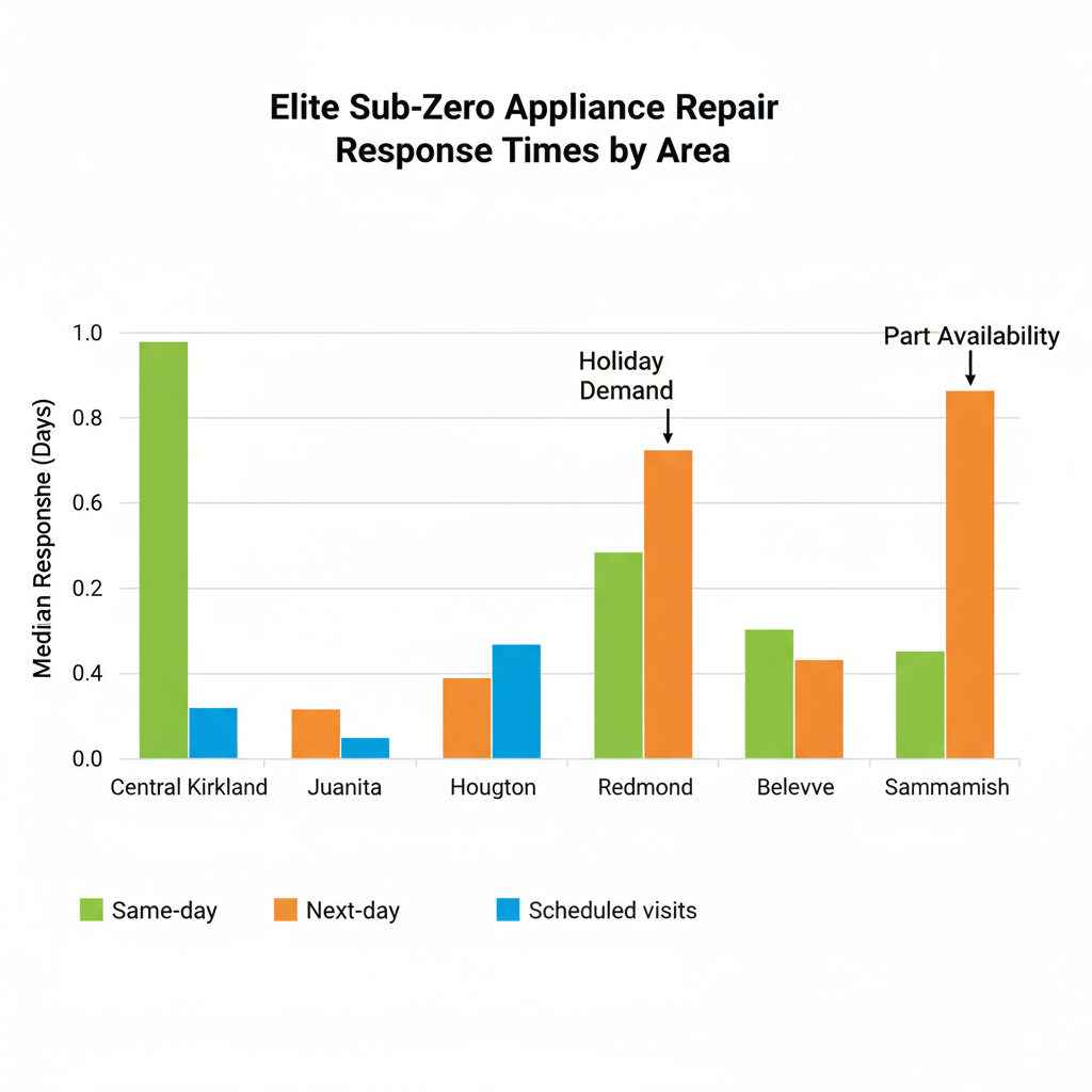 Landscape bar chart visualizing Elite Sub-Zero Appliance Repair's median response times across various areas, highlighting same-day, next-day, and scheduled visit categories, with annotations for common delays.