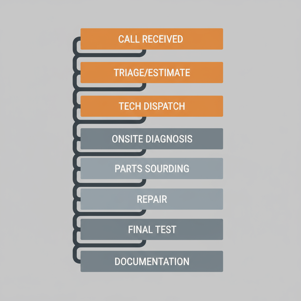 Vertical process flow illustrating the 8-step Sub-Zero appliance repair service dispatch timeline, from initial call to final documentation.