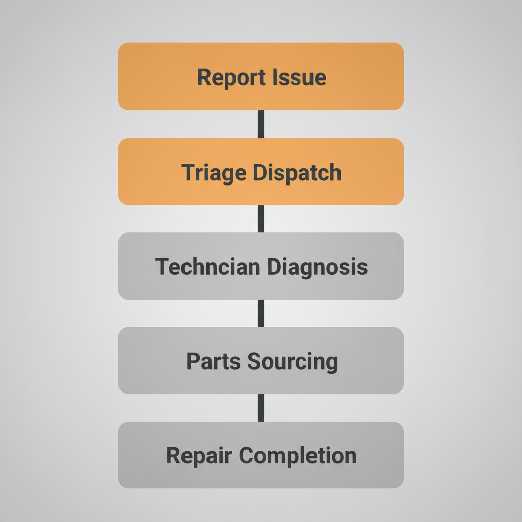 Vertical process flow illustrating the 5-step service response process for Wolf appliance repairs in Glencoe, from reporting an issue to repair completion.