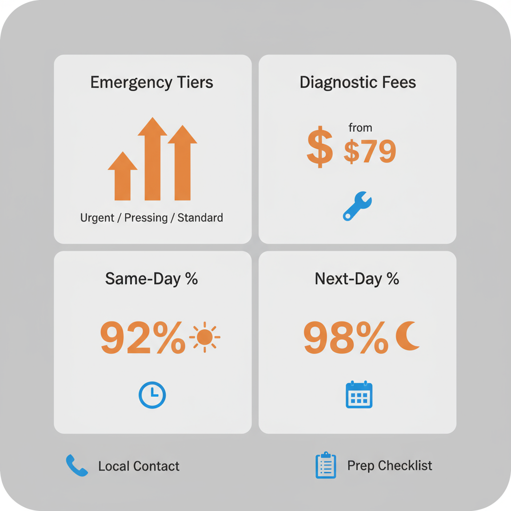 Infographic detailing emergency appliance service availability, diagnostic fees, and response times with icons