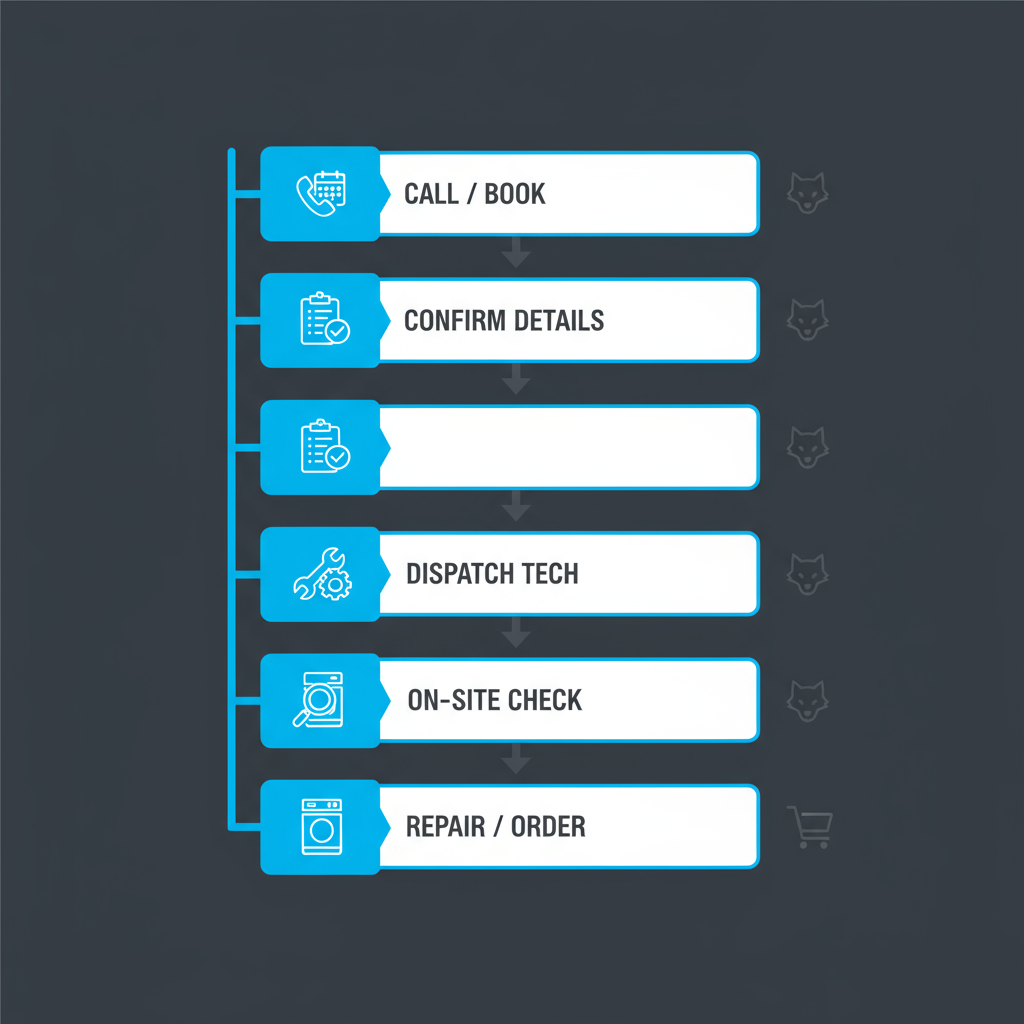 A vertical process flow diagram illustrating the five steps of booking an appliance repair service with Wolf and Sub Zero Professionals.