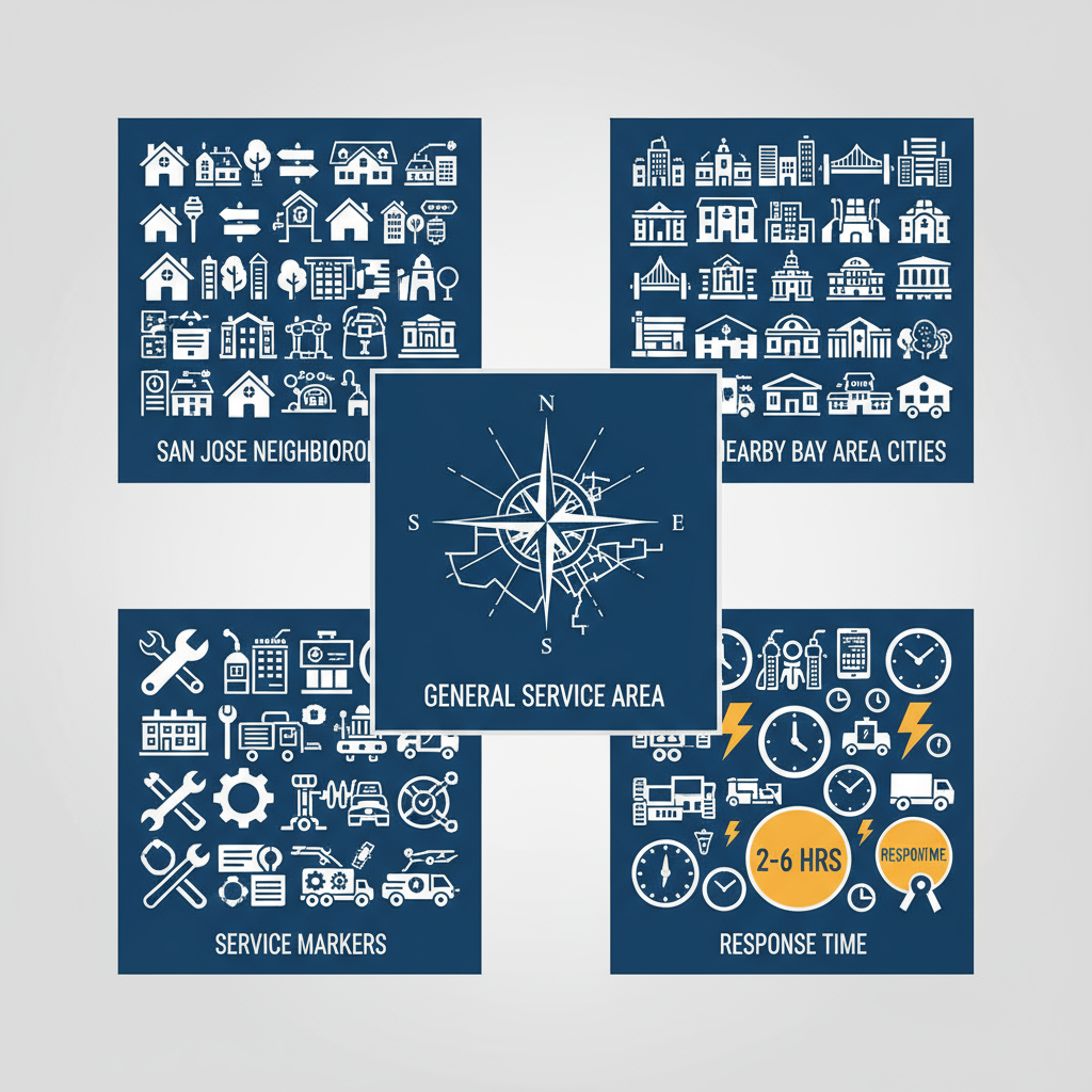 Data visualization showing San Jose service neighborhoods, nearby cities, and typical 2-6 hour response times for appliance repair.