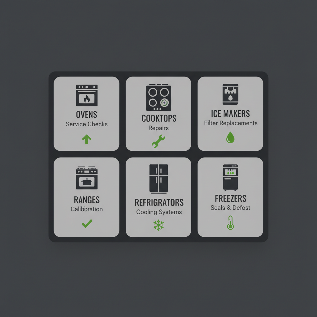 Infographic showing various Wolf and Sub-Zero appliance types serviced, with icons