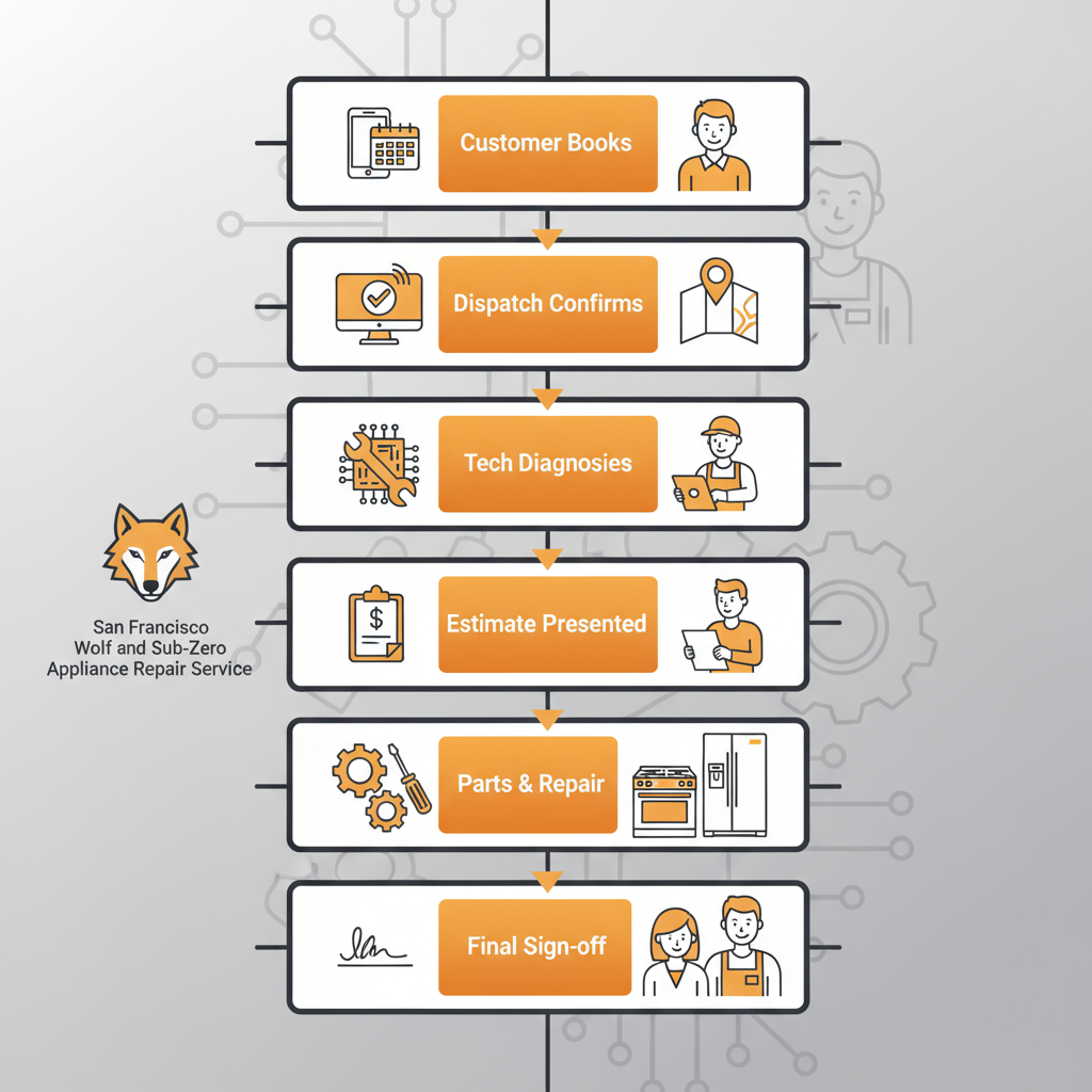 A vertical process flow illustrating the six-step Wolf and Sub-Zero appliance repair service visit, from booking to customer sign-off.