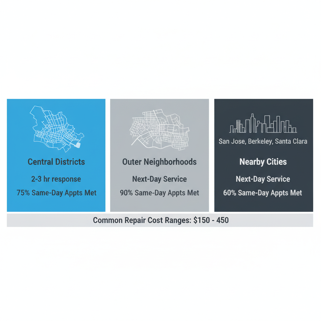 Data visualization showing San Francisco appliance repair service coverage and response times by neighborhood with cost and same-day appointment metrics.