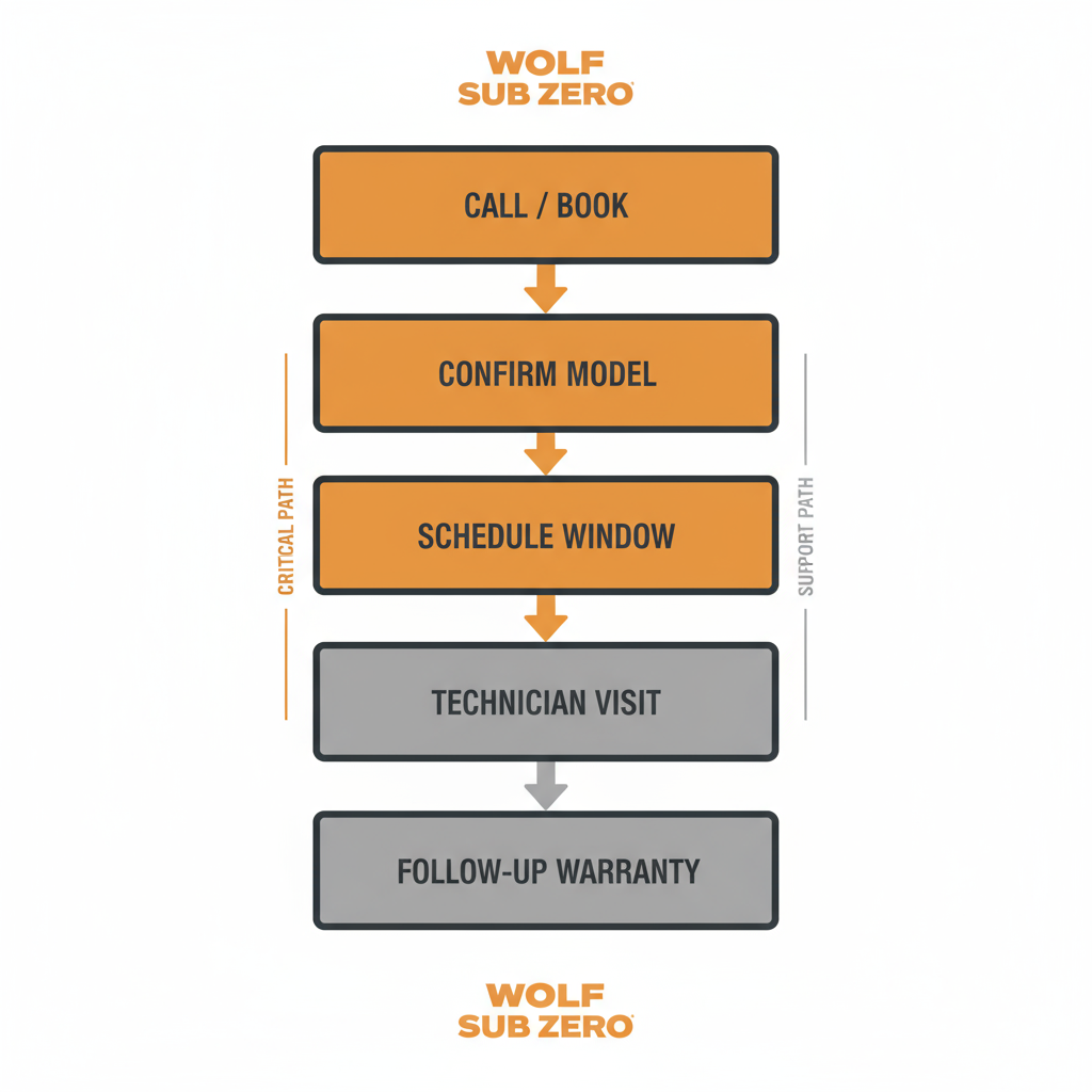 A vertical process flow illustrating the five steps to book a Wolf and Sub-Zero appliance repair service.